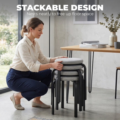 4-Pack Round Dining Stools, Gray Linen-Look Upholstery with Steel Legs – Stackable Kitchen & Living Room Stools