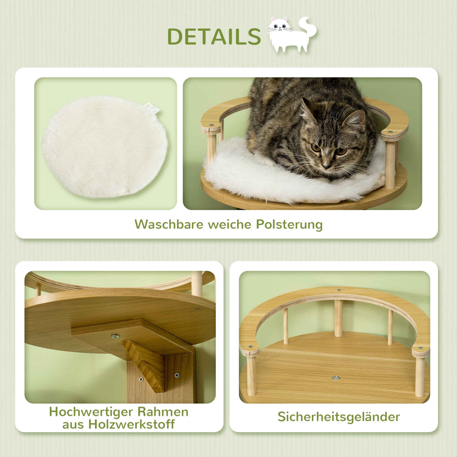 PwaHut Cat Climbing Wall with Cushion, Cat Hammock, Plush Wall Scratching Post, Cat Furniture up to 5 kg, Oak+Cream White