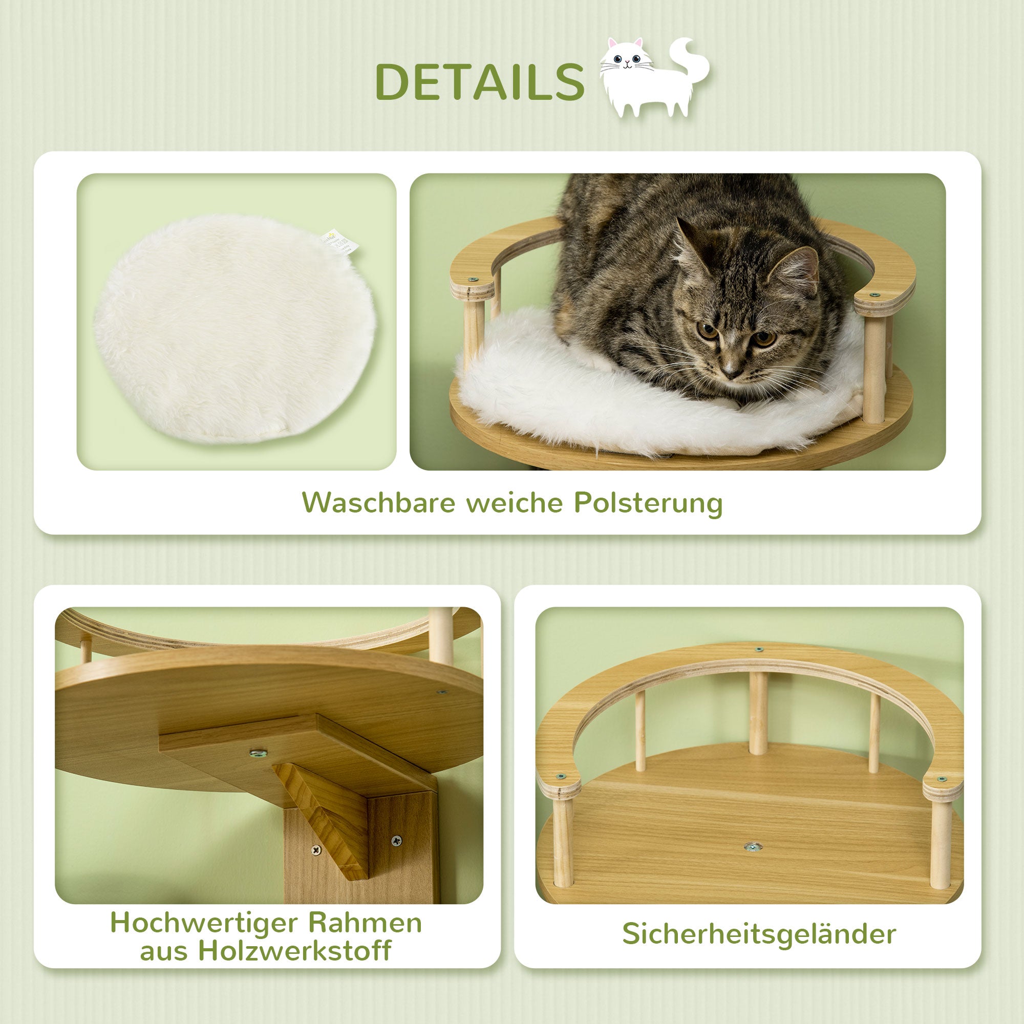 PwaHut Cat Climbing Wall with Cushion, Cat Hammock, Plush Wall Scratching Post, Cat Furniture up to 5 kg, Oak+Cream White