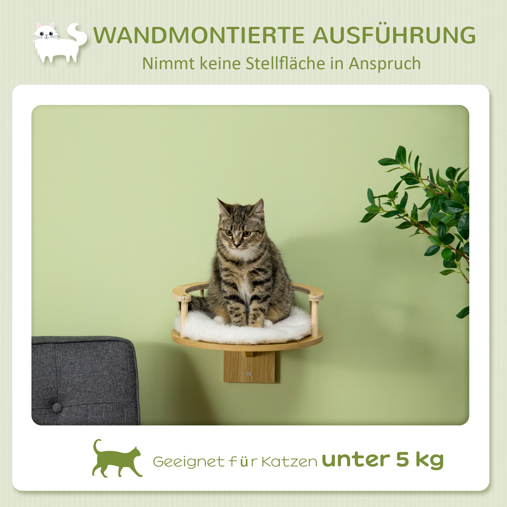 PwaHut Cat Climbing Wall with Cushion, Cat Hammock, Plush Wall Scratching Post, Cat Furniture up to 5 kg, Oak+Cream White