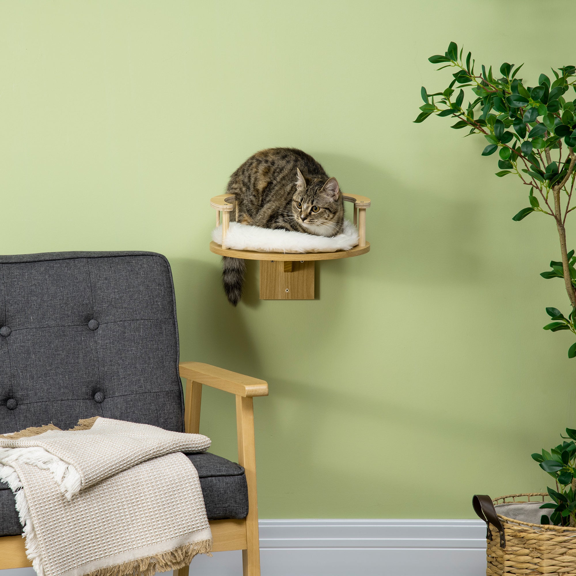 PwaHut Cat Climbing Wall with Cushion, Cat Hammock, Plush Wall Scratching Post, Cat Furniture up to 5 kg, Oak+Cream White