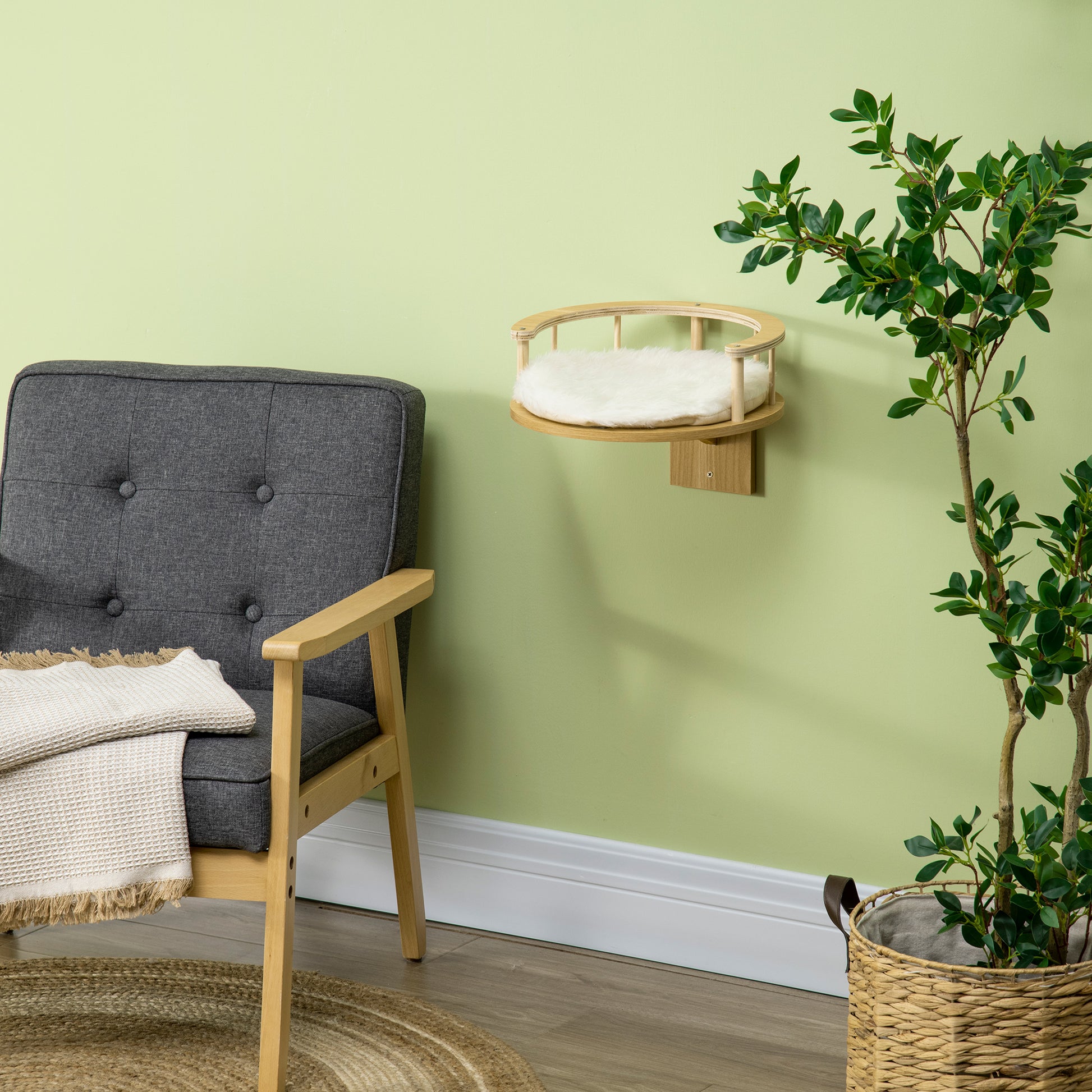 PwaHut Cat Climbing Wall with Cushion, Cat Hammock, Plush Wall Scratching Post, Cat Furniture up to 5 kg, Oak+Cream White