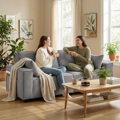 3-Seater Sofa, 86" Wide Couch with Wide Armrests, 2 Cushions, Comfortable Cord-Style Lounge Sofa, Padded Upholstered Sofa for Living Room/Bedroom, Light Gray