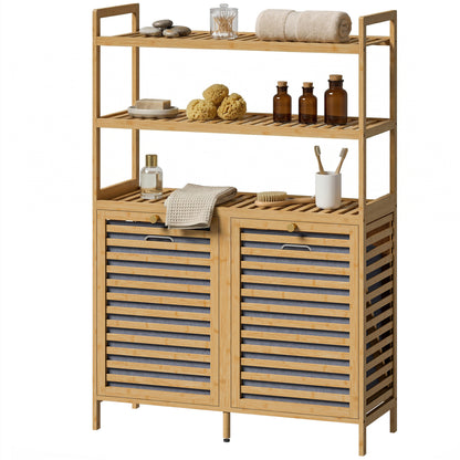 Bamboo Bathroom Cabinet with Laundry Hampers — 3-Tier Storage with 2 Removable Fabric Baskets, 31.5 x 11.8 x 46.5 in (80 x 30 x 118 cm), Oak