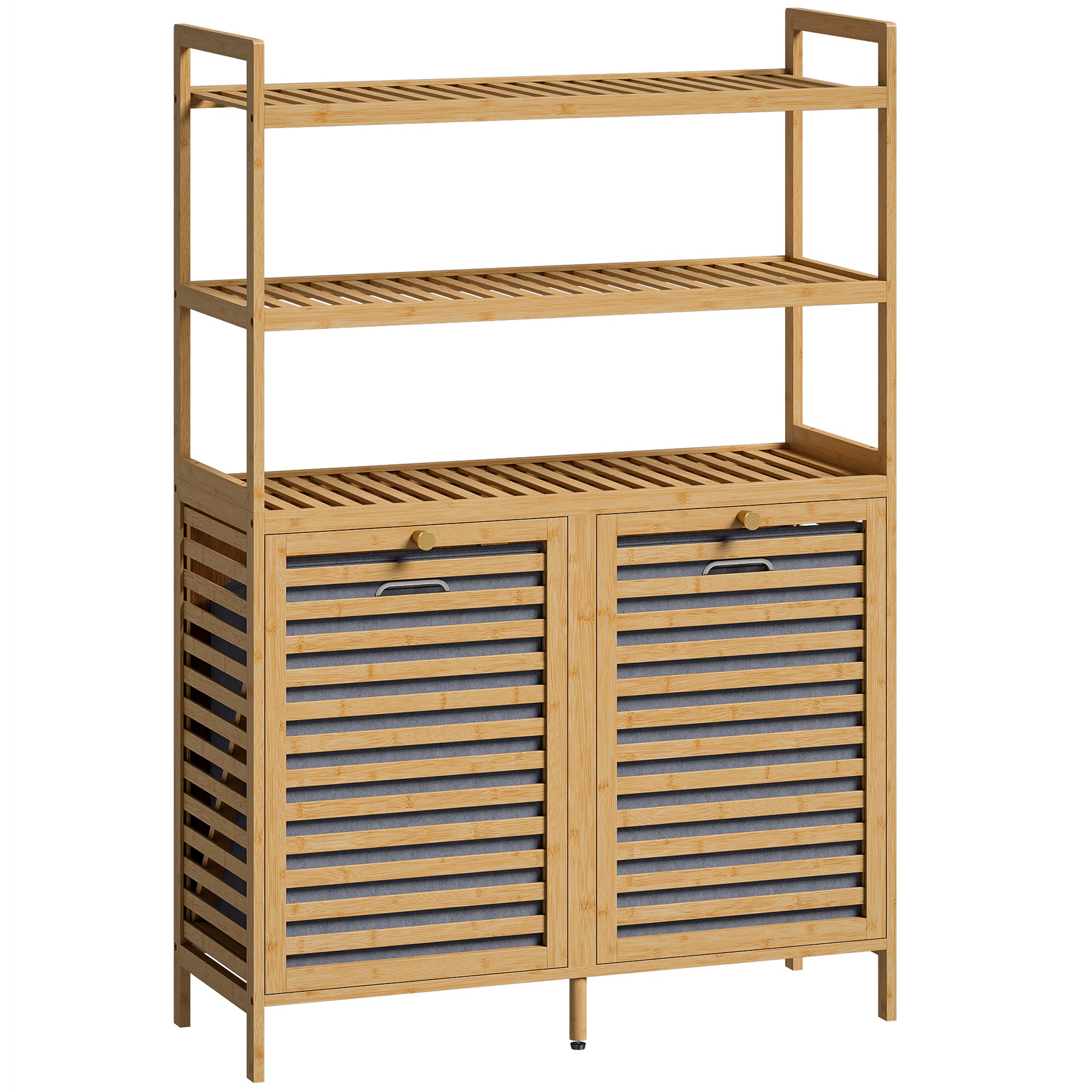 Bamboo Bathroom Cabinet with Laundry Hampers — 3-Tier Storage with 2 Removable Fabric Baskets, 31.5 x 11.8 x 46.5 in (80 x 30 x 118 cm), Oak