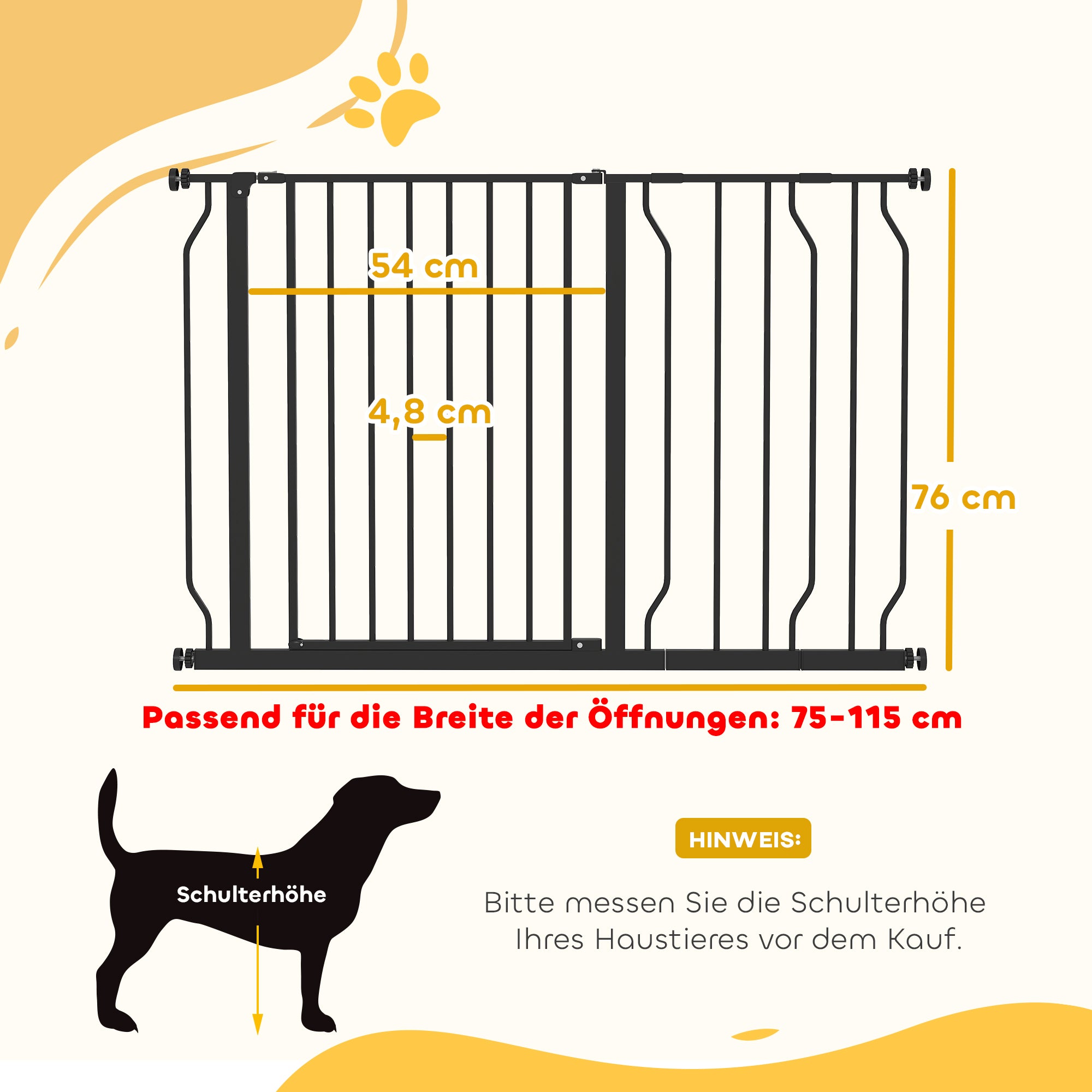 Door Protection Gate Stair Protection Gate with 10/20 cm Extension Door Gate without Drilling Stair Gate for Widths 75-115 cm Swivelable on Both Sides Steel Black