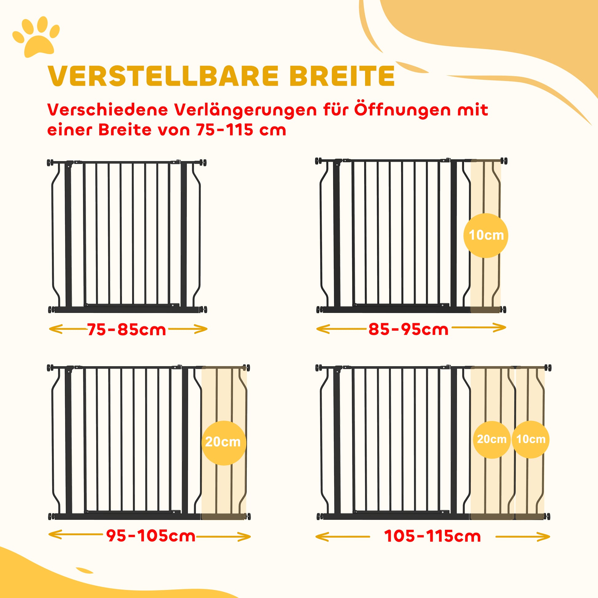 Door Protection Gate Stair Protection Gate with 10/20 cm Extension Door Gate without Drilling Stair Gate for Widths 75-115 cm Swivelable on Both Sides Steel Black