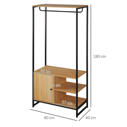 Clothes Rack with Steel and Wood Industrial Style, Cabinet with Internal Shelf and 2 Side Open Compartments, 80x40x180cm, Natural