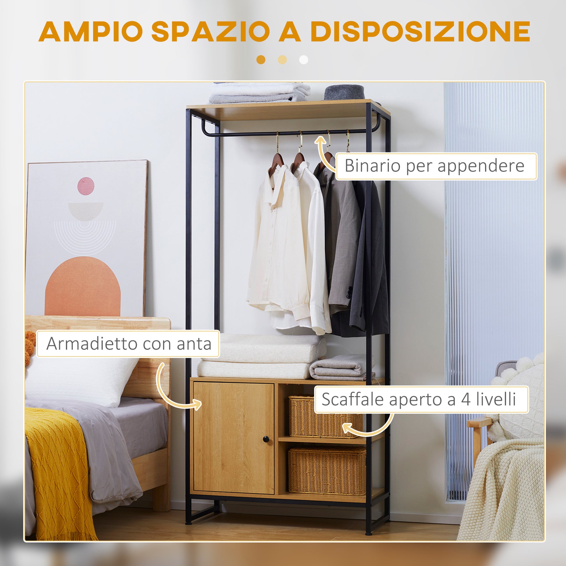 Clothes Rack with Steel and Wood Industrial Style, Cabinet with Internal Shelf and 2 Side Open Compartments, 80x40x180cm, Natural