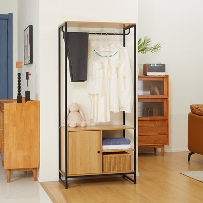 Clothes Rack with Steel and Wood Industrial Style, Cabinet with Internal Shelf and 2 Side Open Compartments, 80x40x180cm, Natural