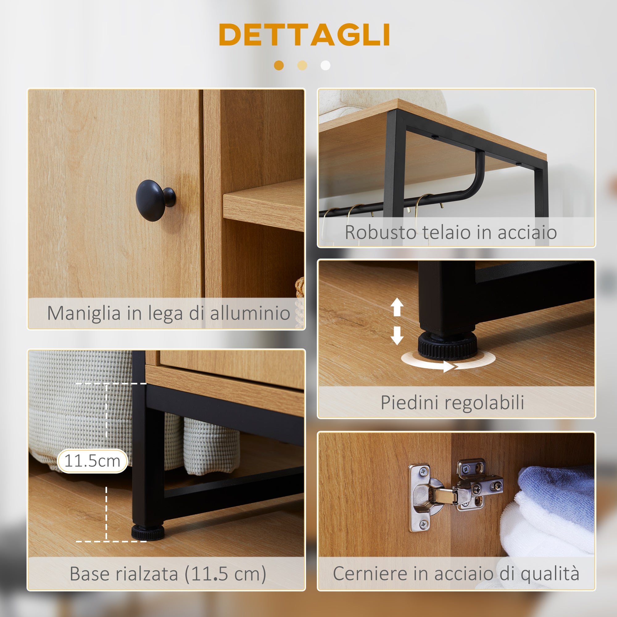 Clothes Rack with Steel and Wood Industrial Style, Cabinet with Internal Shelf and 2 Side Open Compartments, 80x40x180cm, Natural