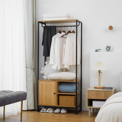 Clothes Rack with Steel and Wood Industrial Style, Cabinet with Internal Shelf and 2 Side Open Compartments, 80x40x180cm, Natural
