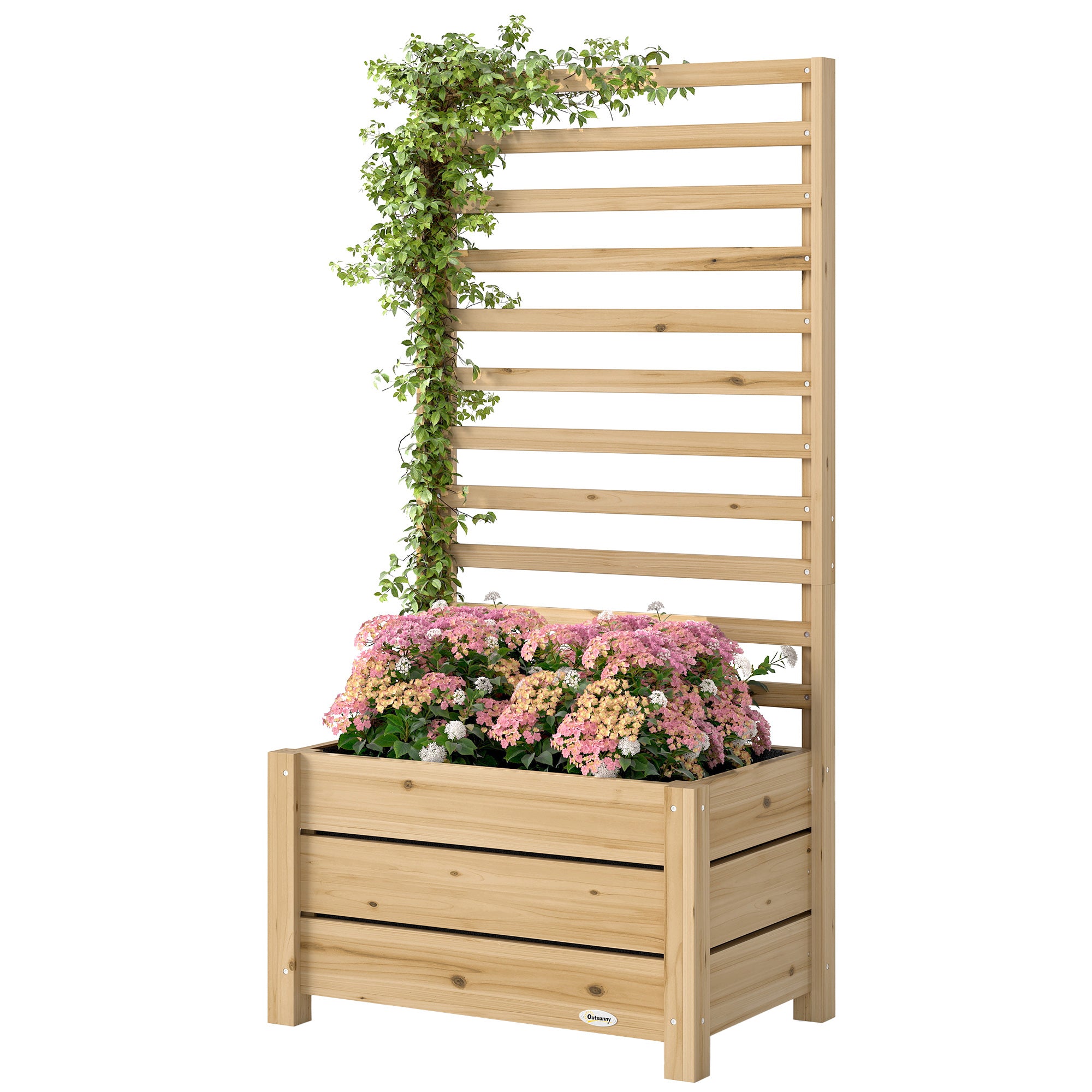 Raised Planter with Trellis — Natural Spruce Wood, Drainage Hole, Non-Woven Liner, 60 x 39 x 120 cm (23.6 x 15.4 x 47.2 in)