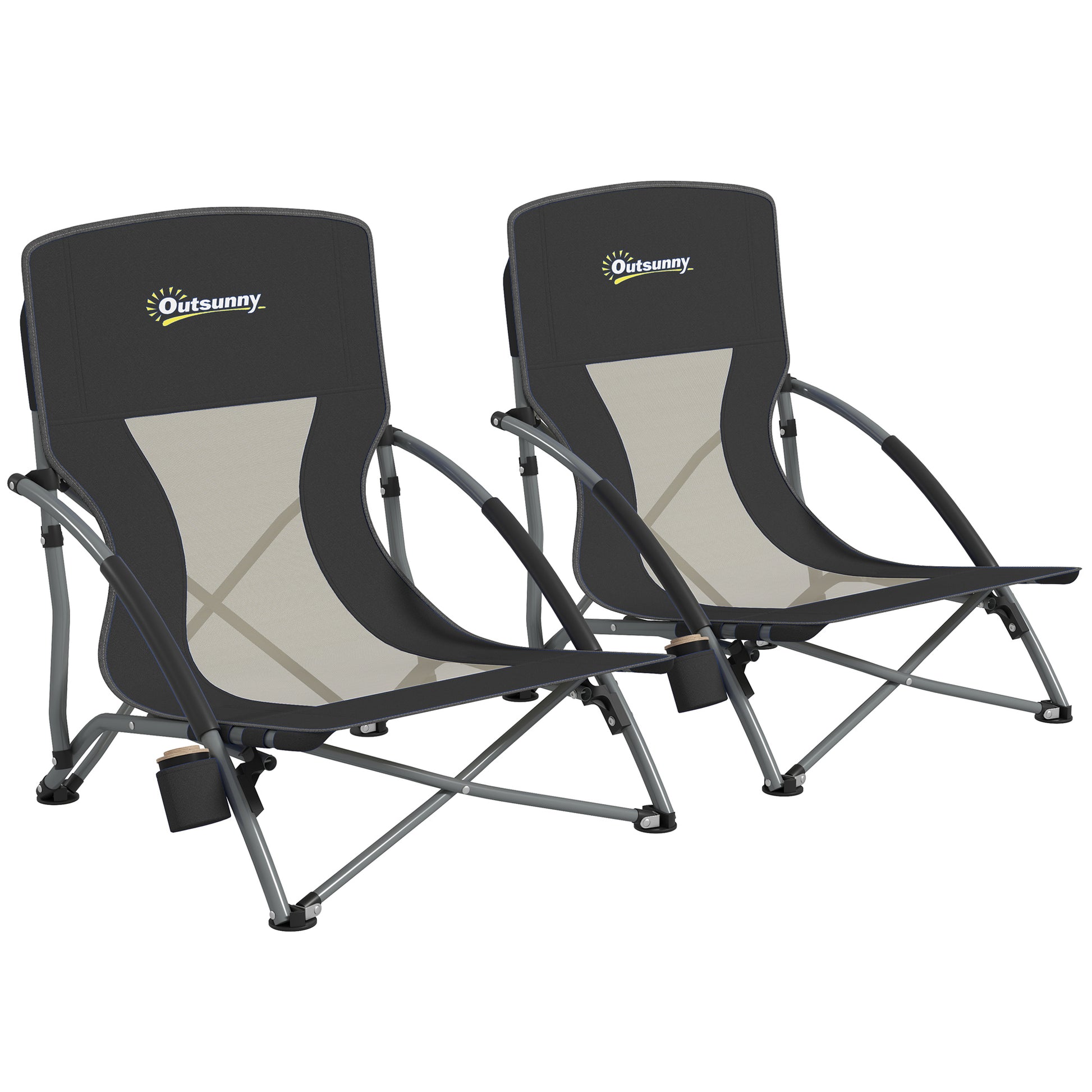 Set of 2 foldable beach chairs, lightweight camping chairs 2.2 kg, with mesh backrest, carrying bag, and cup holder for garden, picnic, festival, travel, black