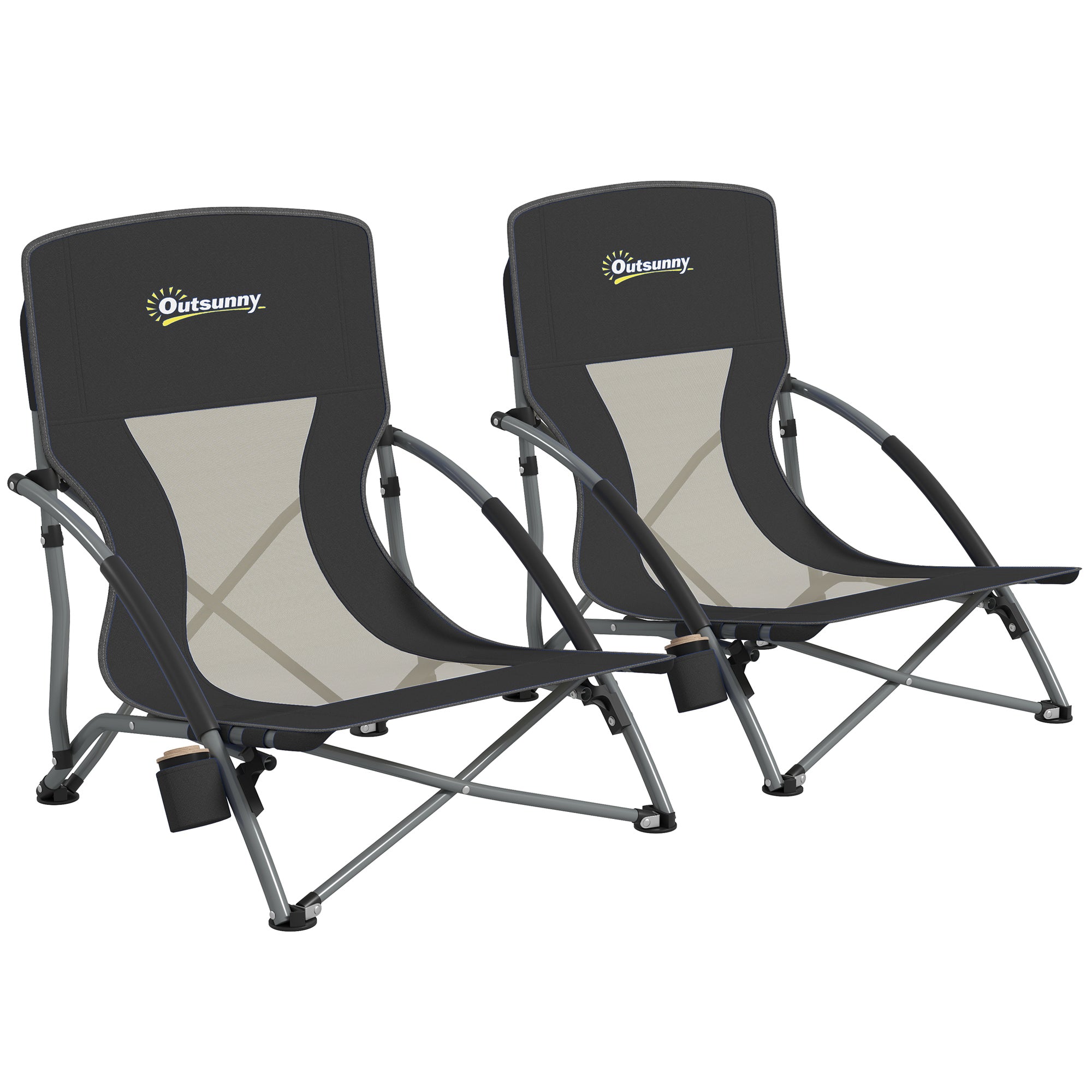 Set of 2 foldable beach chairs, lightweight camping chairs 2.2 kg, with mesh backrest, carrying bag, and cup holder for garden, picnic, festival, travel, black