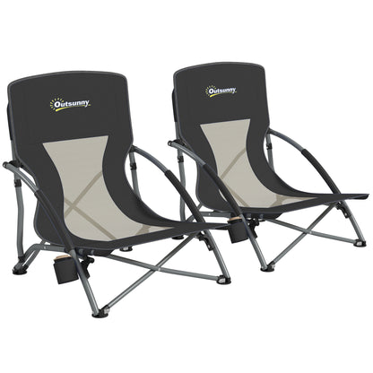 Set of 2 foldable beach chairs, lightweight camping chairs 2.2 kg, with mesh backrest, carrying bag, and cup holder for garden, picnic, festival, travel, black