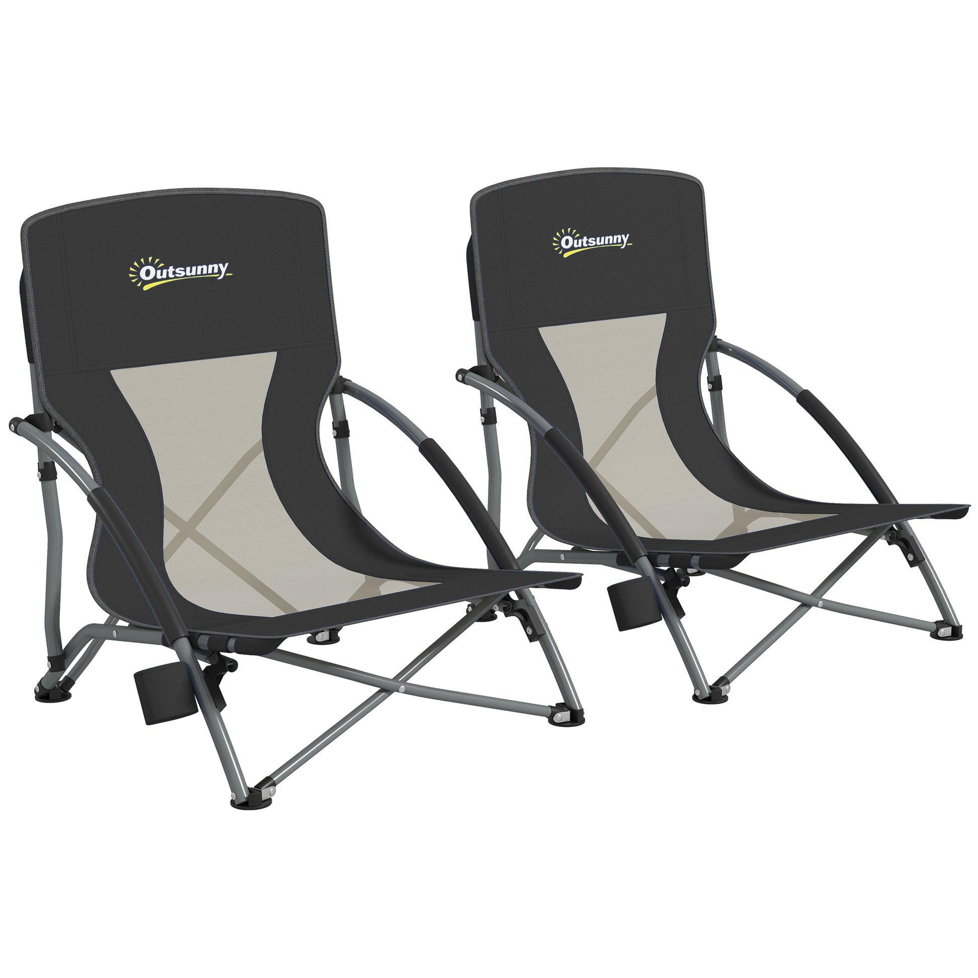 Set of 2 foldable beach chairs, lightweight camping chairs 2.2 kg, with mesh backrest, carrying bag, and cup holder for garden, picnic, festival, travel, black