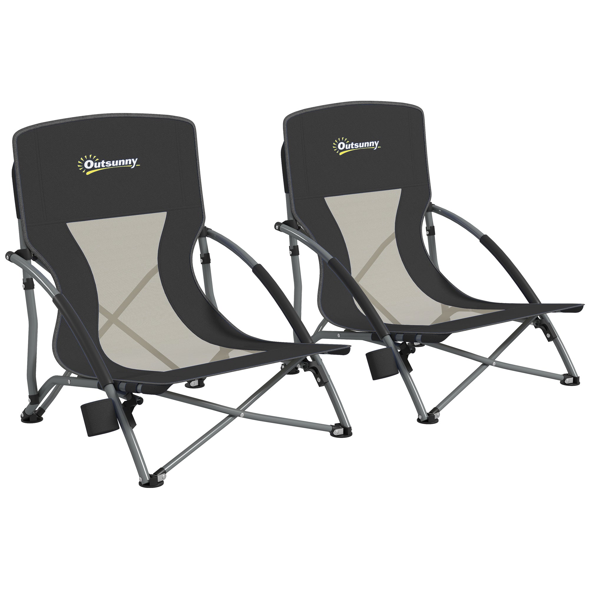 Set of 2 foldable beach chairs, lightweight camping chairs 2.2 kg, with mesh backrest, carrying bag, and cup holder for garden, picnic, festival, travel, black