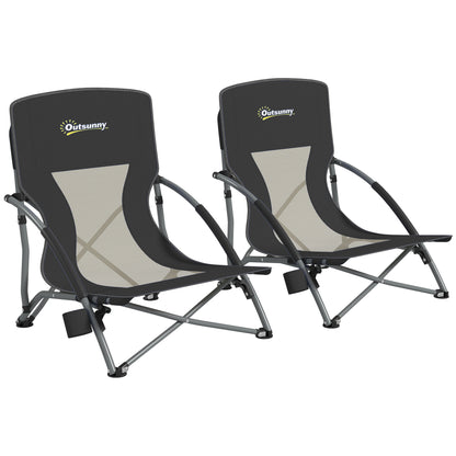 Set of 2 foldable beach chairs, lightweight camping chairs 2.2 kg, with mesh backrest, carrying bag, and cup holder for garden, picnic, festival, travel, black