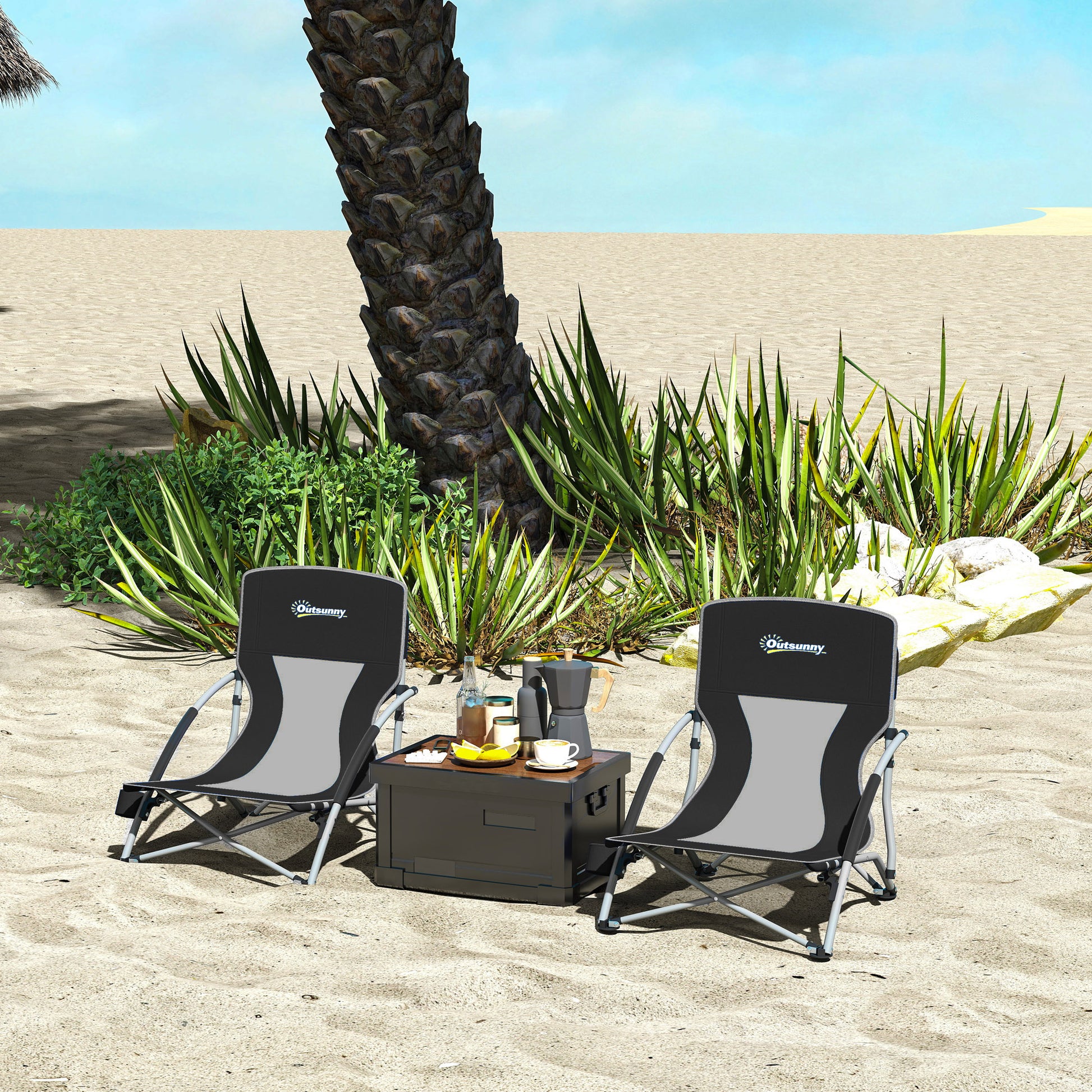 Set of 2 foldable beach chairs, lightweight camping chairs 2.2 kg, with mesh backrest, carrying bag, and cup holder for garden, picnic, festival, travel, black