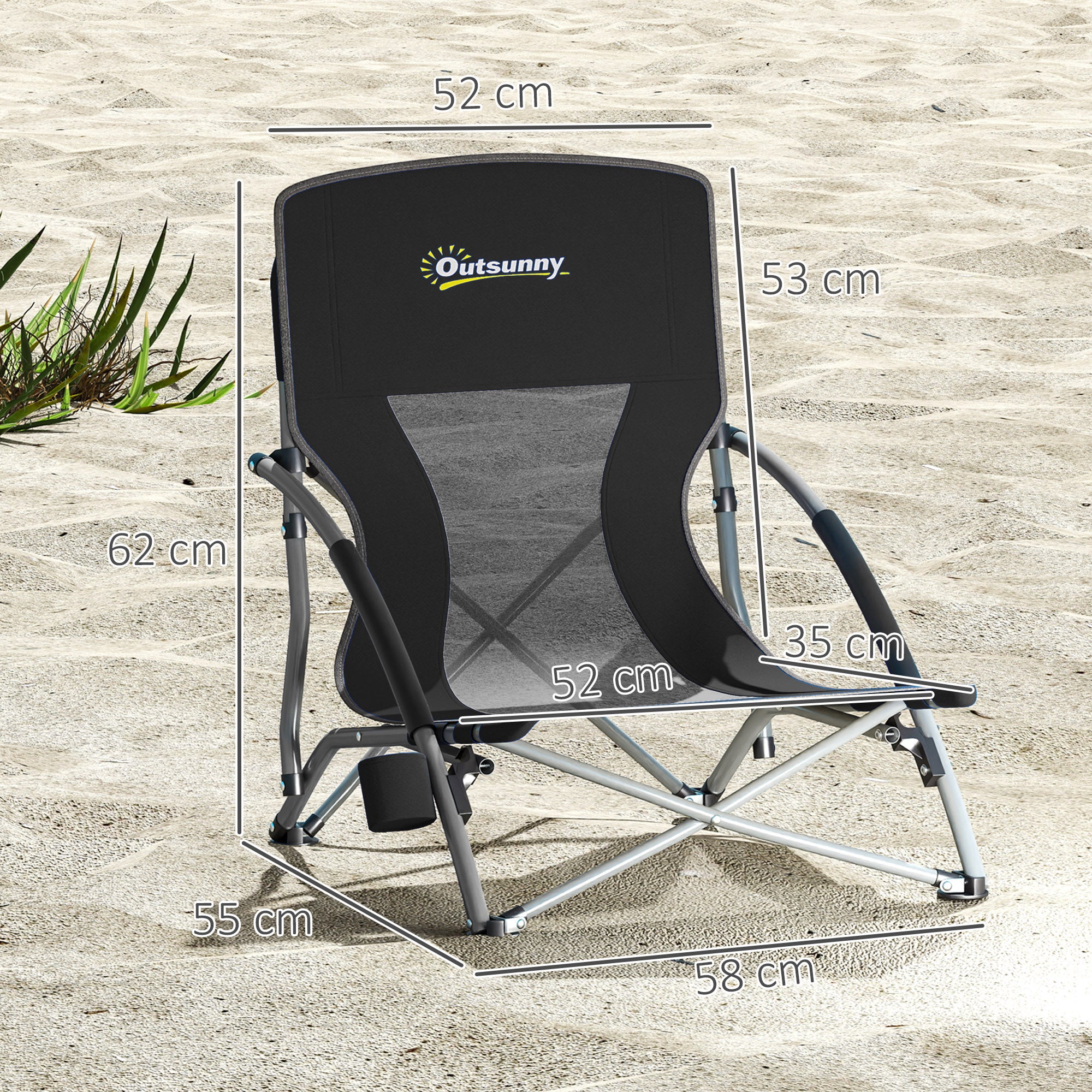 Set of 2 foldable beach chairs, lightweight camping chairs 2.2 kg, with mesh backrest, carrying bag, and cup holder for garden, picnic, festival, travel, black