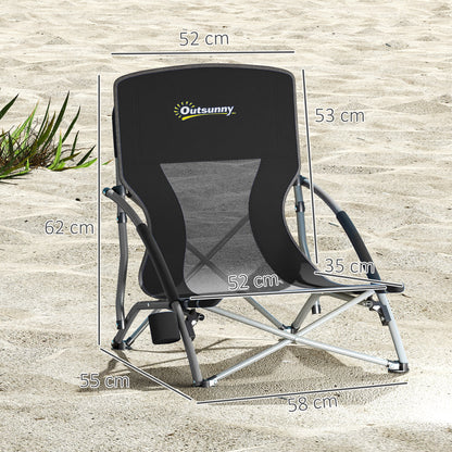 Set of 2 foldable beach chairs, lightweight camping chairs 2.2 kg, with mesh backrest, carrying bag, and cup holder for garden, picnic, festival, travel, black