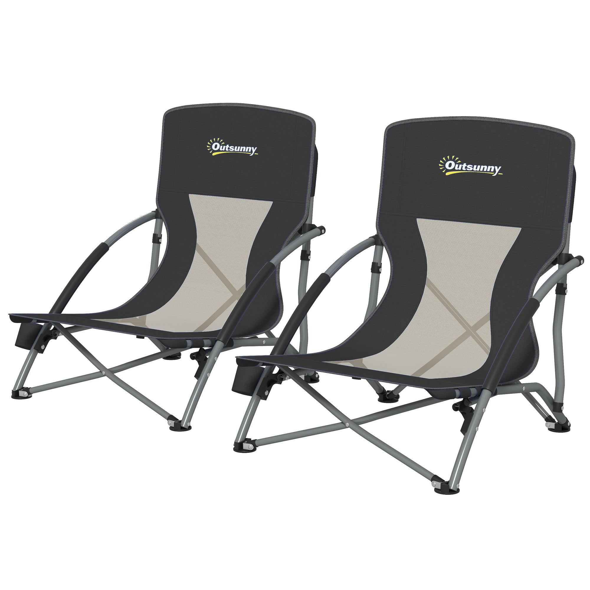 Set of 2 foldable beach chairs, lightweight camping chairs 2.2 kg, with mesh backrest, carrying bag, and cup holder for garden, picnic, festival, travel, black