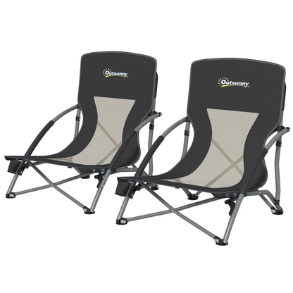 Set of 2 foldable beach chairs, lightweight camping chairs 2.2 kg, with mesh backrest, carrying bag, and cup holder for garden, picnic, festival, travel, black