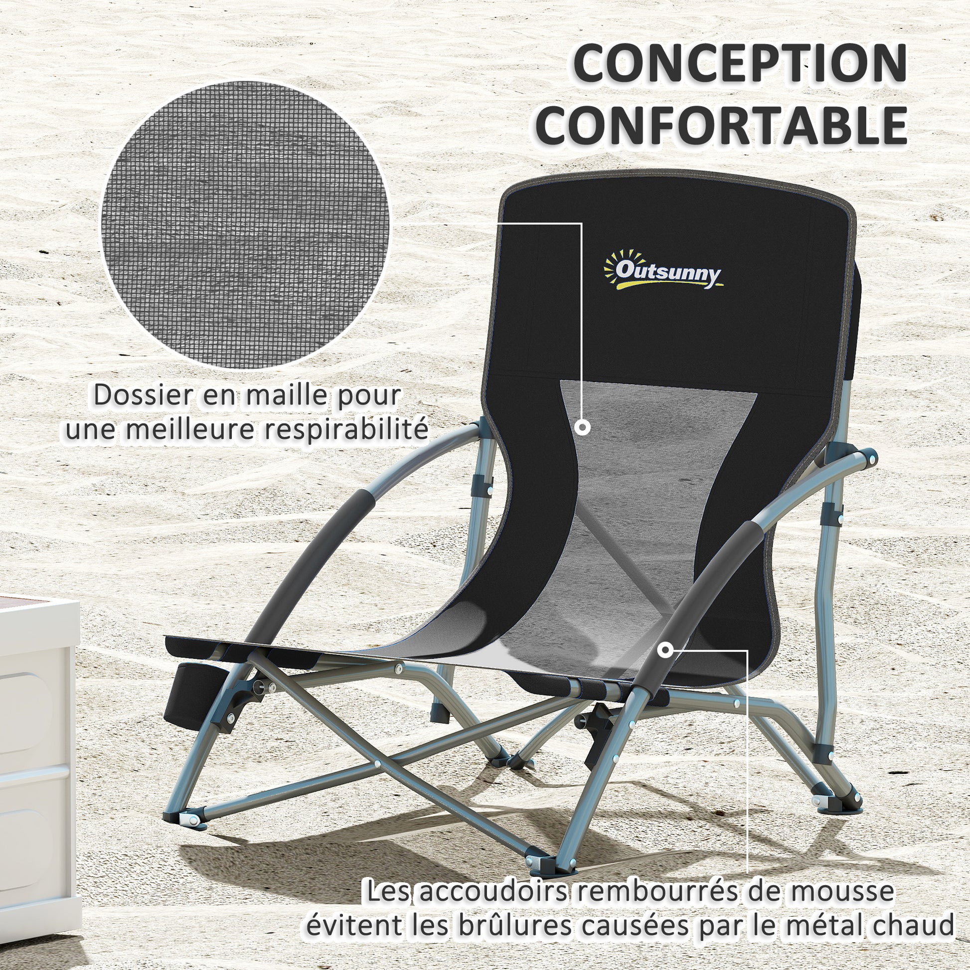 Set of 2 foldable beach chairs, lightweight camping chairs 2.2 kg, with mesh backrest, carrying bag, and cup holder for garden, picnic, festival, travel, black