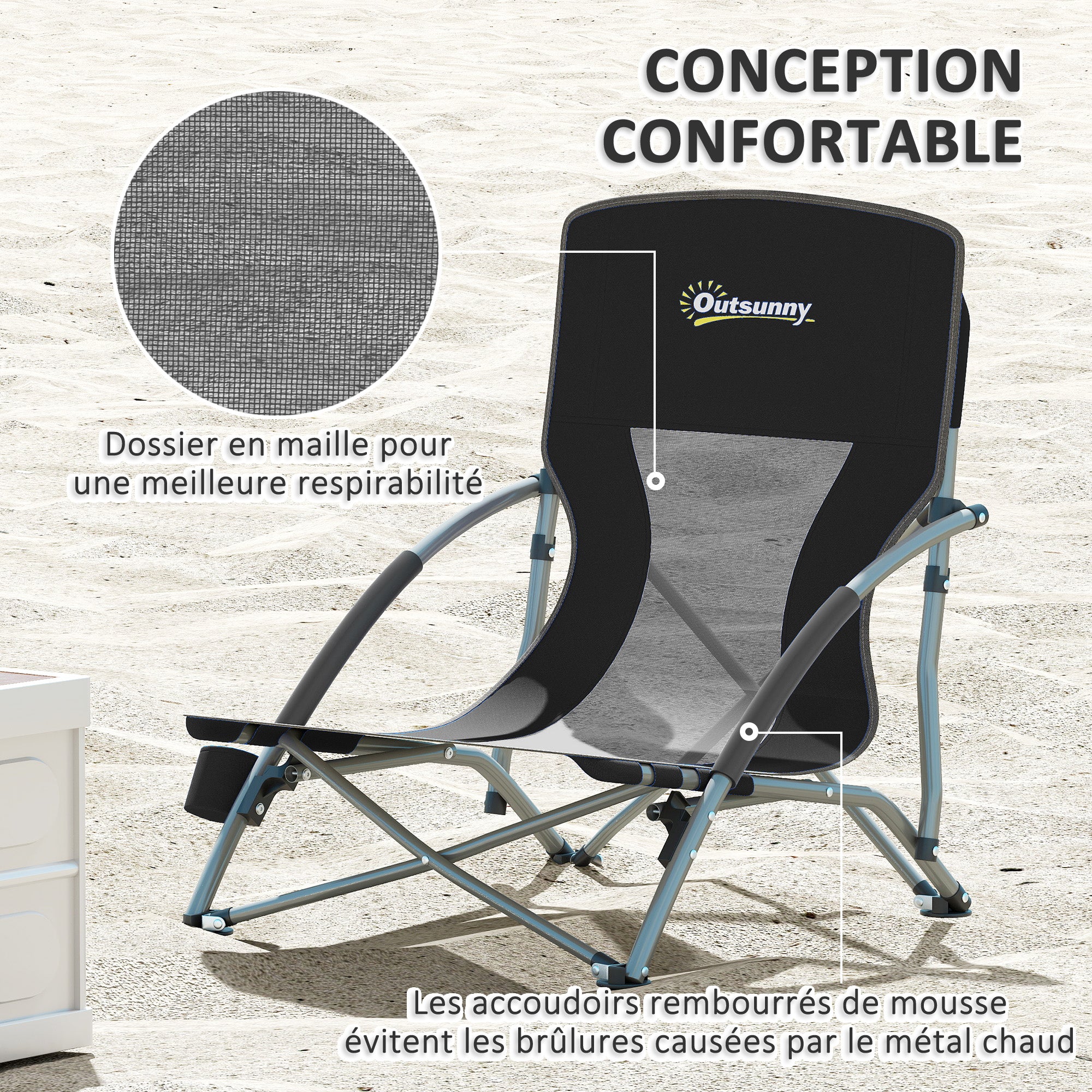 Set of 2 foldable beach chairs, lightweight camping chairs 2.2 kg, with mesh backrest, carrying bag, and cup holder for garden, picnic, festival, travel, black