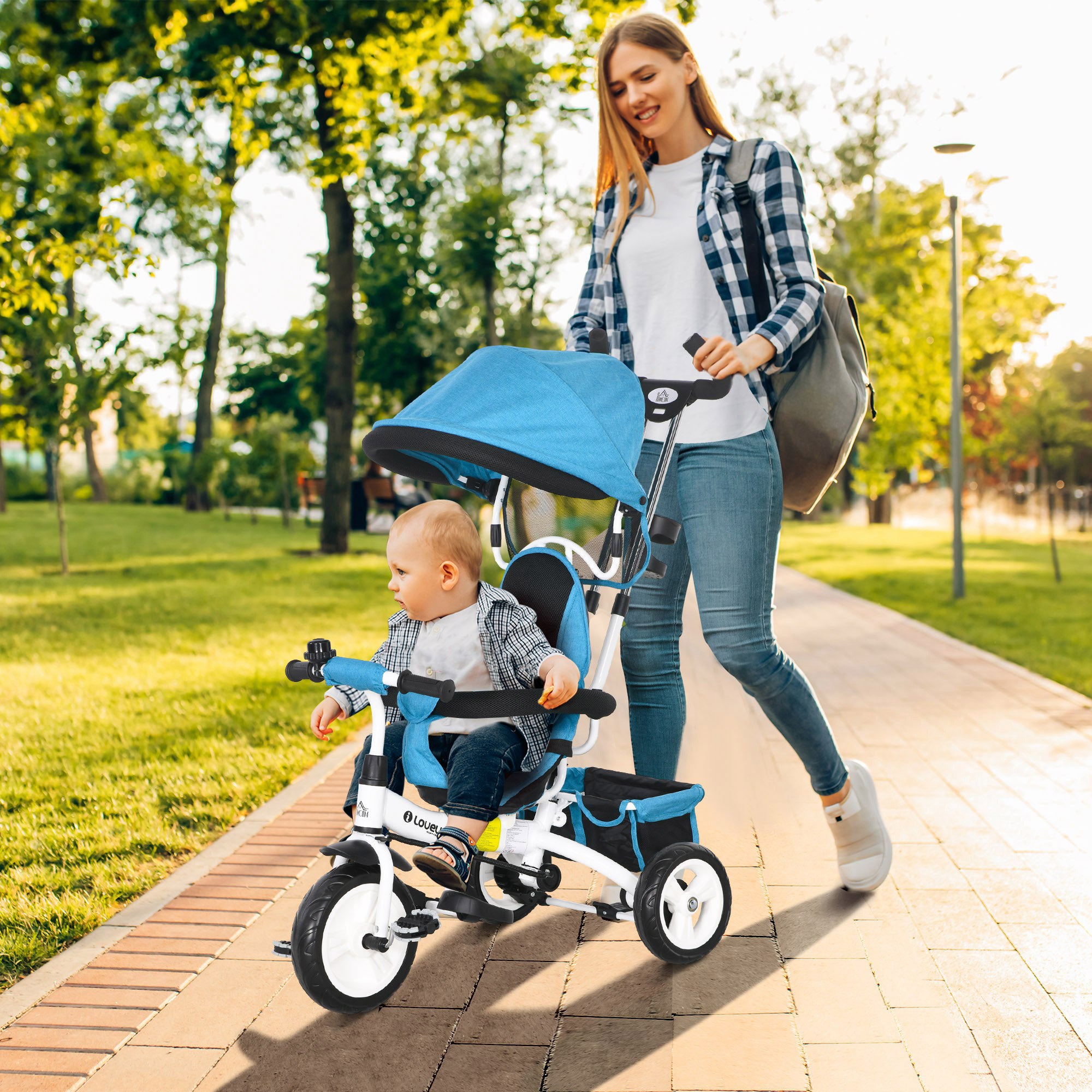 6-in-1 Tricycle with Push Handle, Children's Tricycle with Removable Sunshade, Balance Bike with 5-Point Safety Harness, Basket, Cup Holder, for 1-5 Years Kids, Blue