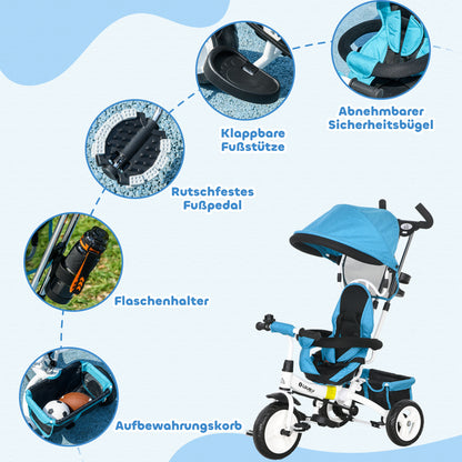 6-in-1 Tricycle with Push Handle, Children's Tricycle with Removable Sunshade, Balance Bike with 5-Point Safety Harness, Basket, Cup Holder, for 1-5 Years Kids, Blue
