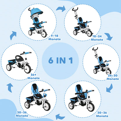 6-in-1 Tricycle with Push Handle, Children's Tricycle with Removable Sunshade, Balance Bike with 5-Point Safety Harness, Basket, Cup Holder, for 1-5 Years Kids, Blue