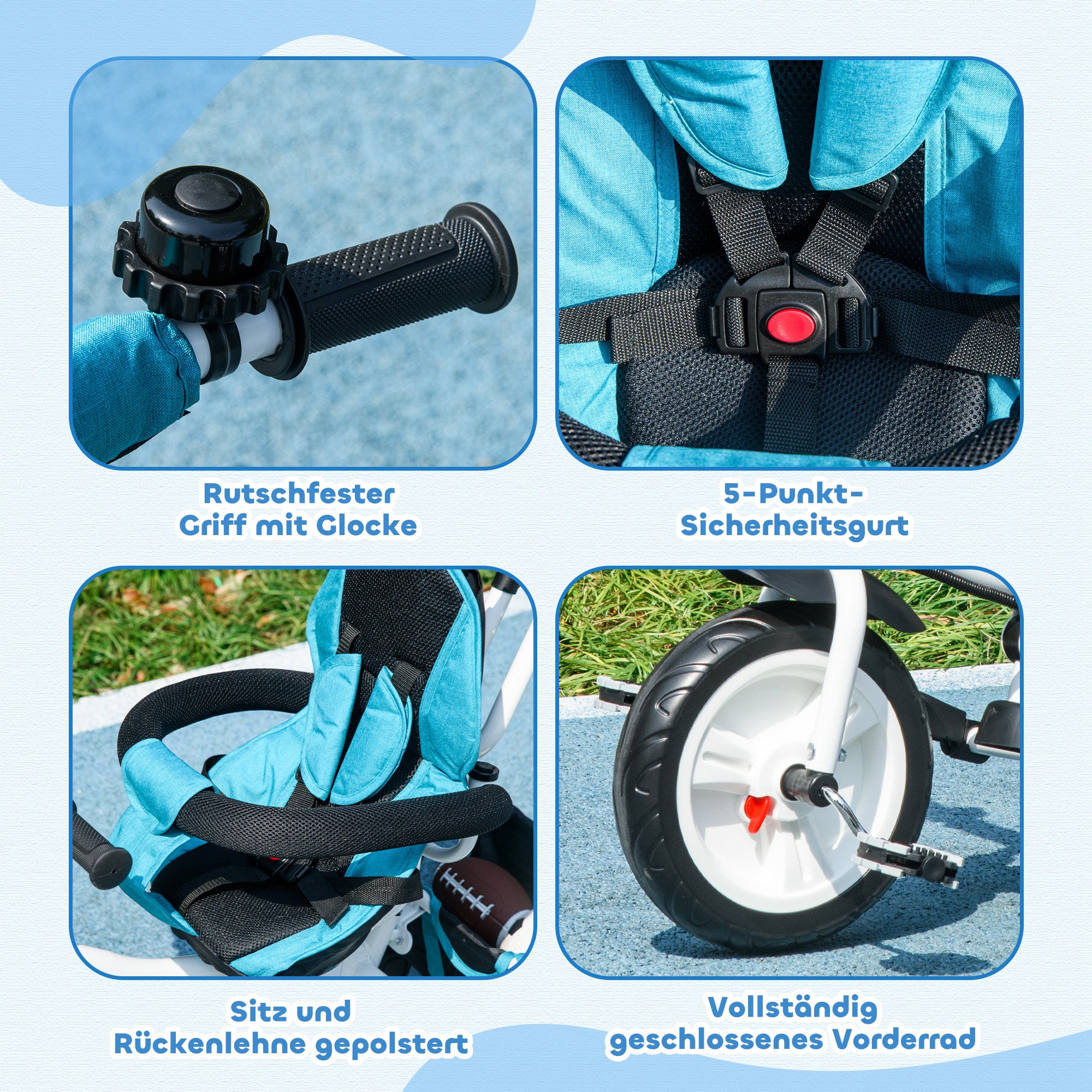6-in-1 Tricycle with Push Handle, Children's Tricycle with Removable Sunshade, Balance Bike with 5-Point Safety Harness, Basket, Cup Holder, for 1-5 Years Kids, Blue