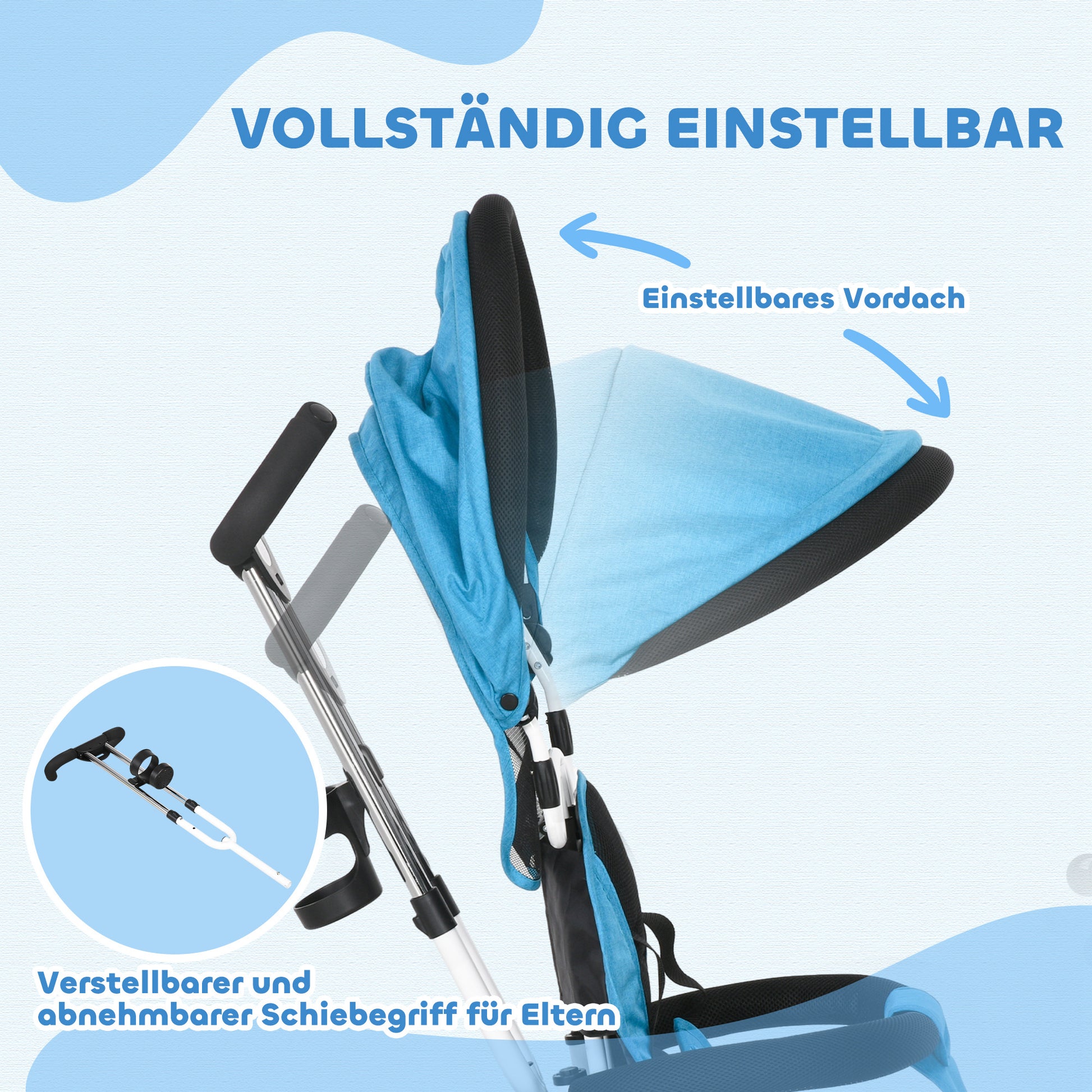6-in-1 Tricycle with Push Handle, Children's Tricycle with Removable Sunshade, Balance Bike with 5-Point Safety Harness, Basket, Cup Holder, for 1-5 Years Kids, Blue