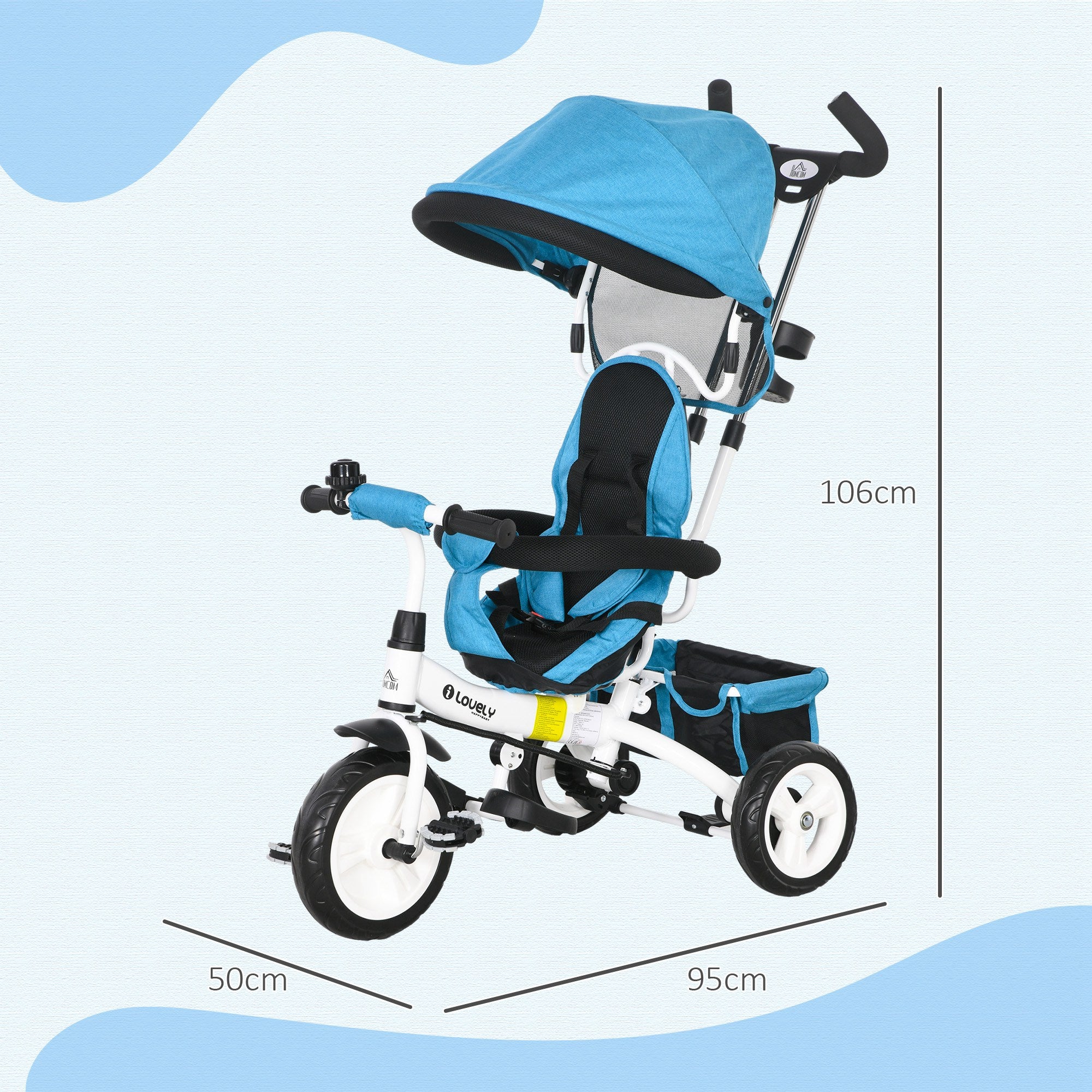 6-in-1 Tricycle with Push Handle, Children's Tricycle with Removable Sunshade, Balance Bike with 5-Point Safety Harness, Basket, Cup Holder, for 1-5 Years Kids, Blue
