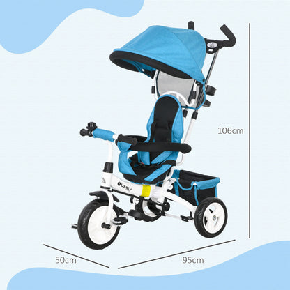 6-in-1 Tricycle with Push Handle, Children's Tricycle with Removable Sunshade, Balance Bike with 5-Point Safety Harness, Basket, Cup Holder, for 1-5 Years Kids, Blue