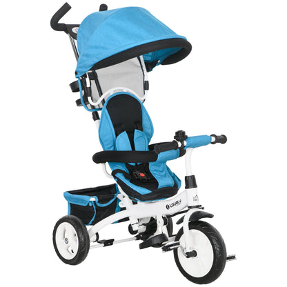 6-in-1 Tricycle with Push Handle, Children's Tricycle with Removable Sunshade, Balance Bike with 5-Point Safety Harness, Basket, Cup Holder, for 1-5 Years Kids, Blue