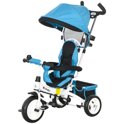 6-in-1 Tricycle with Push Handle, Children's Tricycle with Removable Sunshade, Balance Bike with 5-Point Safety Harness, Basket, Cup Holder, for 1-5 Years Kids, Blue