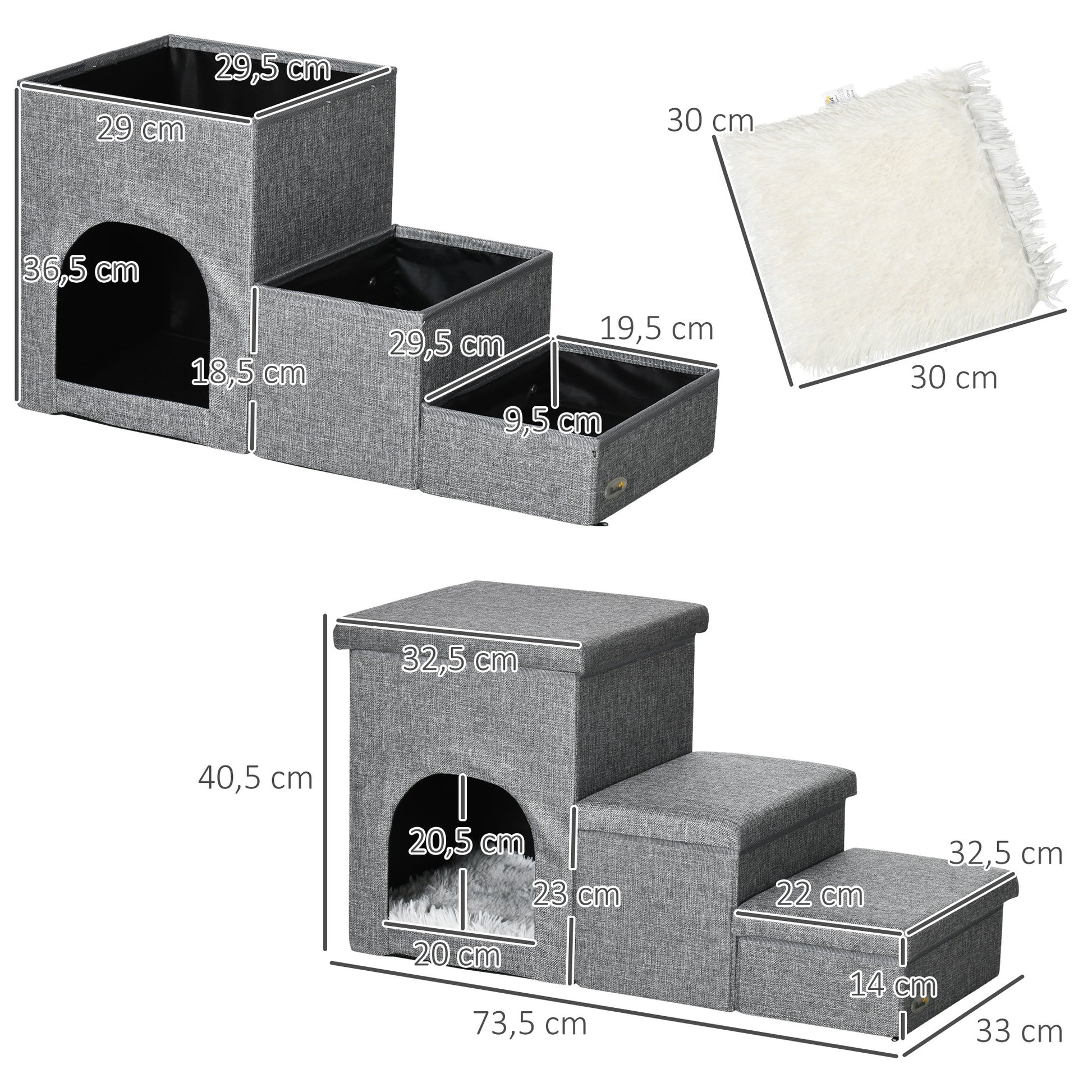 Dog Stairs 3 Steps 40.5cm High Pet Stairs with Cave Cushion Storage Space Cat Stairs for Small Dogs Dog Ramp with Washable Cover Entry Aid for Bed, Sofa, Couch, and Car Light Gray