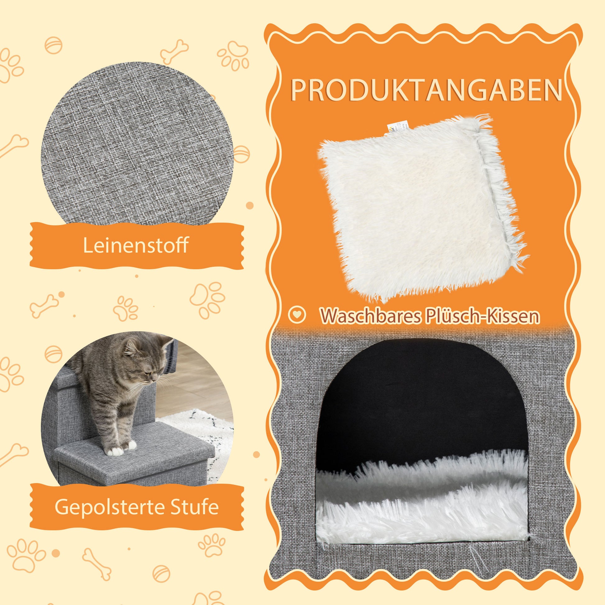 Dog Stairs 3 Steps 40.5cm High Pet Stairs with Cave Cushion Storage Space Cat Stairs for Small Dogs Dog Ramp with Washable Cover Entry Aid for Bed, Sofa, Couch, and Car Light Gray