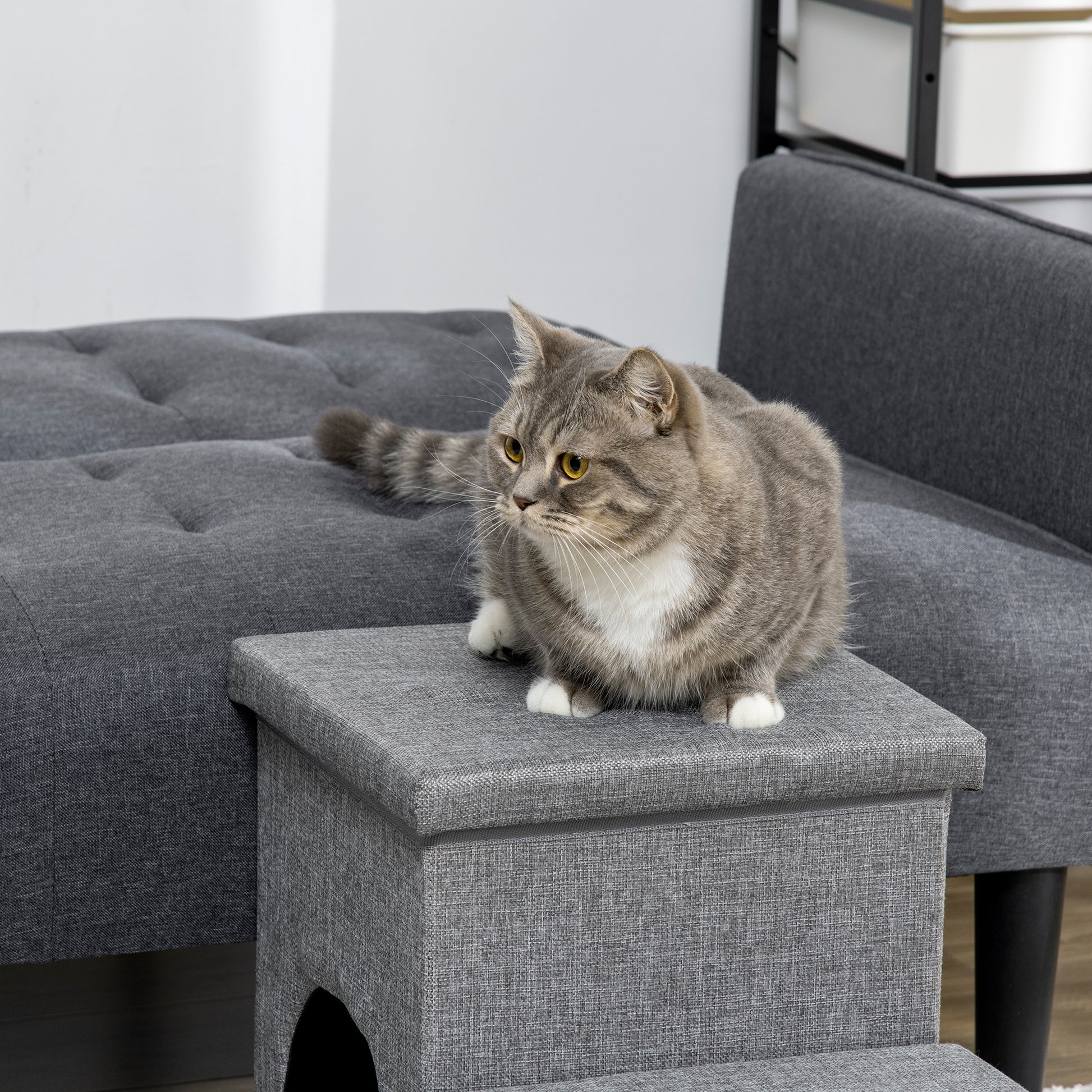Dog Stairs 3 Steps 40.5cm High Pet Stairs with Cave Cushion Storage Space Cat Stairs for Small Dogs Dog Ramp with Washable Cover Entry Aid for Bed, Sofa, Couch, and Car Light Gray