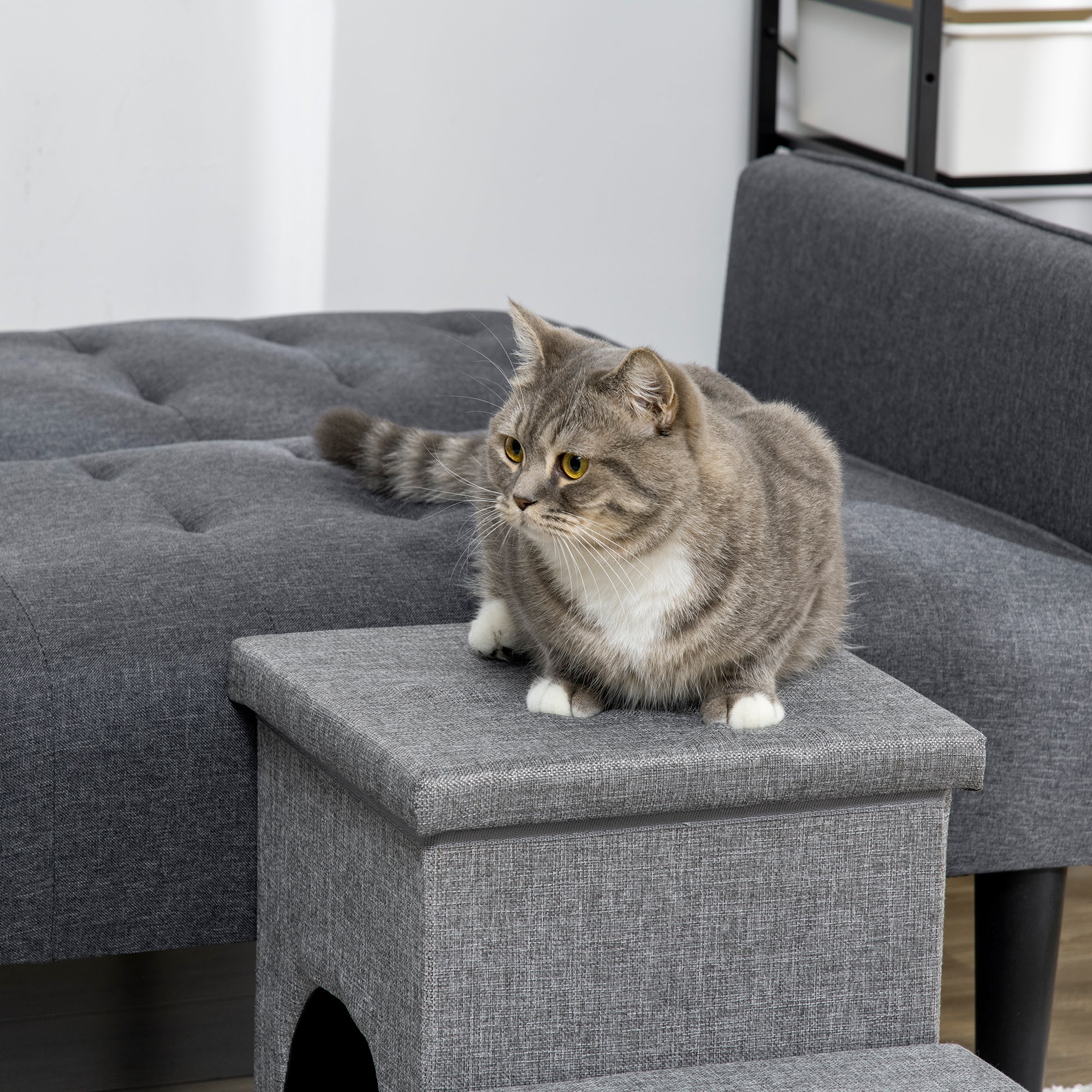 Dog Stairs 3 Steps 40.5cm High Pet Stairs with Cave Cushion Storage Space Cat Stairs for Small Dogs Dog Ramp with Washable Cover Entry Aid for Bed, Sofa, Couch, and Car Light Gray