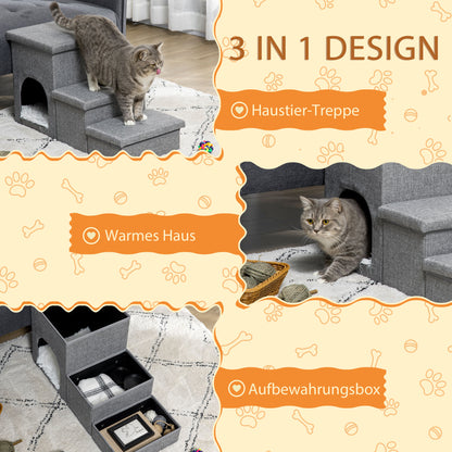 Dog Stairs 3 Steps 40.5cm High Pet Stairs with Cave Cushion Storage Space Cat Stairs for Small Dogs Dog Ramp with Washable Cover Entry Aid for Bed, Sofa, Couch, and Car Light Gray