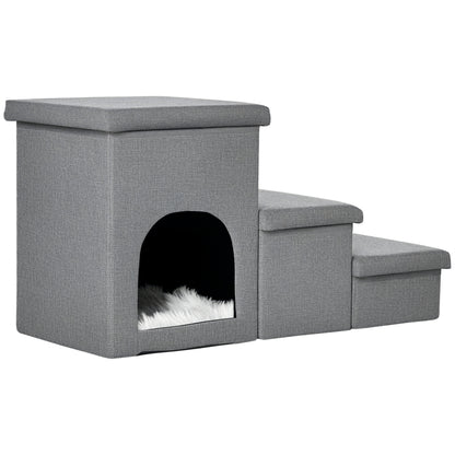 Dog Stairs 3 Steps 40.5cm High Pet Stairs with Cave Cushion Storage Space Cat Stairs for Small Dogs Dog Ramp with Washable Cover Entry Aid for Bed, Sofa, Couch, and Car Light Gray