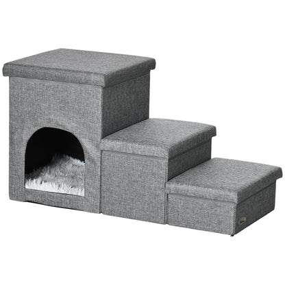 Dog Stairs 3 Steps 40.5cm High Pet Stairs with Cave Cushion Storage Space Cat Stairs for Small Dogs Dog Ramp with Washable Cover Entry Aid for Bed, Sofa, Couch, and Car Light Gray