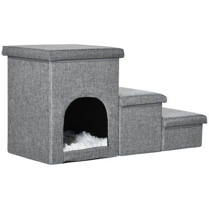 Dog Stairs 3 Steps 40.5cm High Pet Stairs with Cave Cushion Storage Space Cat Stairs for Small Dogs Dog Ramp with Washable Cover Entry Aid for Bed, Sofa, Couch, and Car Light Gray