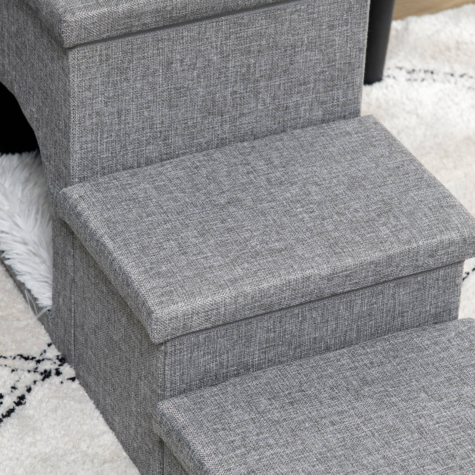 Dog Stairs 3 Steps 40.5cm High Pet Stairs with Cave Cushion Storage Space Cat Stairs for Small Dogs Dog Ramp with Washable Cover Entry Aid for Bed, Sofa, Couch, and Car Light Gray
