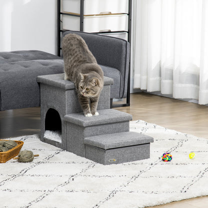 Dog Stairs 3 Steps 40.5cm High Pet Stairs with Cave Cushion Storage Space Cat Stairs for Small Dogs Dog Ramp with Washable Cover Entry Aid for Bed, Sofa, Couch, and Car Light Gray