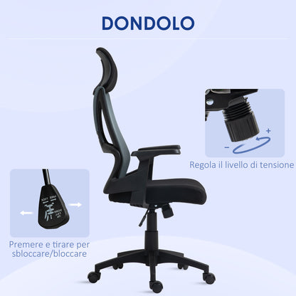 Ergonomic Tiltable Office Chair with Lumbar Support, Swivel Desk Chair with Headrest and Adjustable Height for Study, in Breathable Mesh Fabric, Black